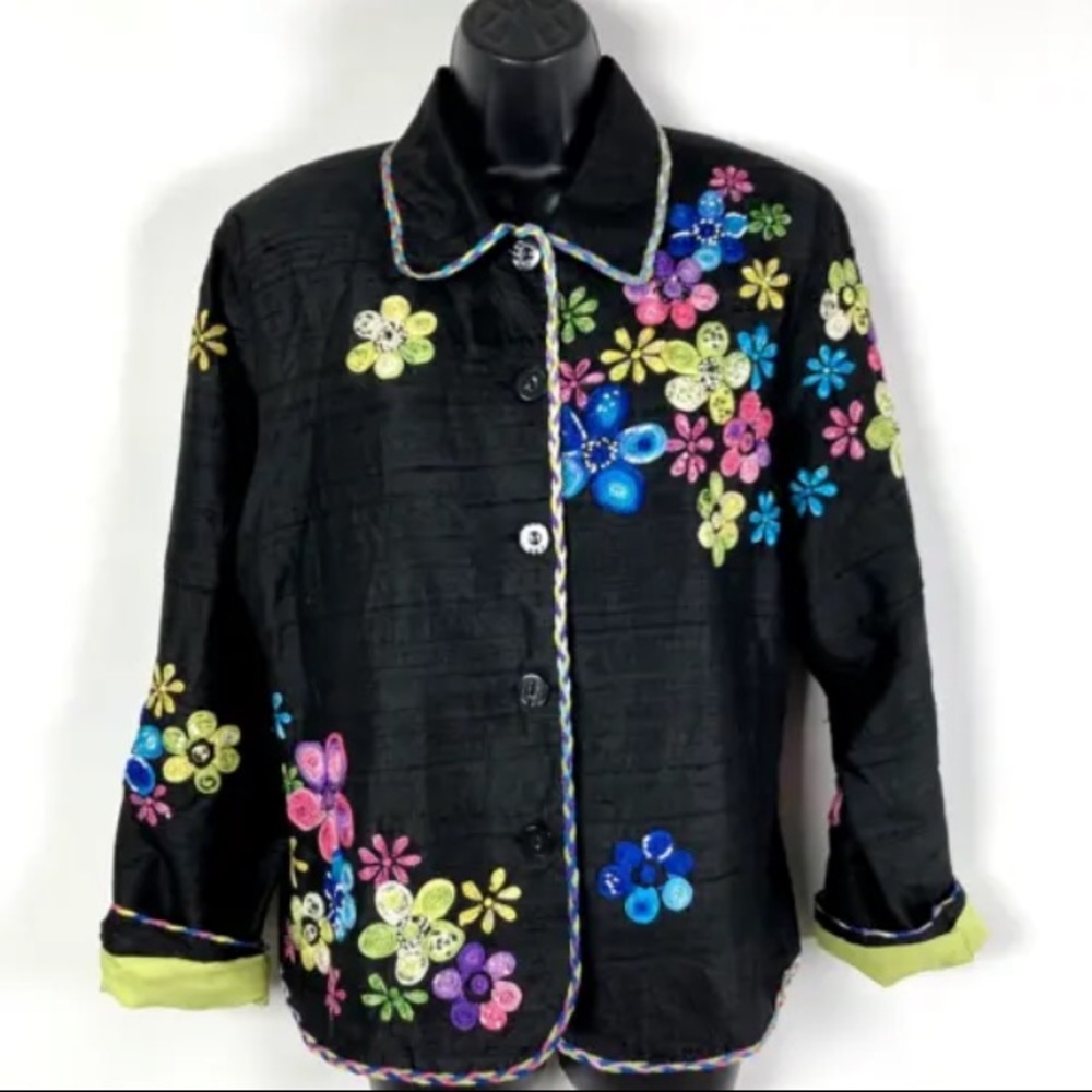 Anage Silk dupioni Jacket L Embellished floral sequin art to wear